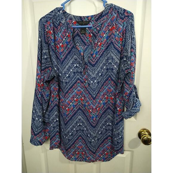 Investments Woman 1X Blouse V Neck Boho Chic Pullover Roll Tab Sleeve Casual - Picture 1 of 11